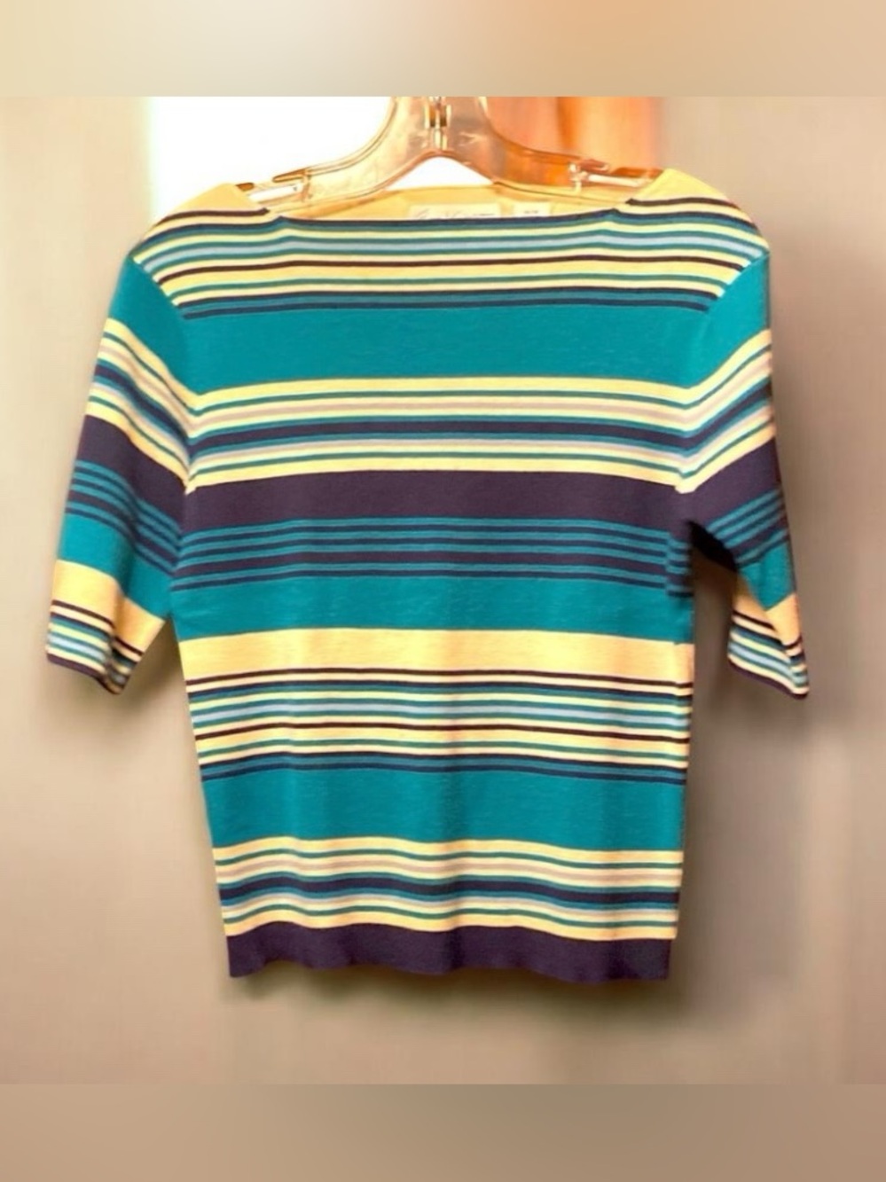 Gloria Vanderbilt Petite Medium Striped Knit Top Blue Teal Navy 100% Cotton
